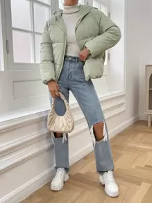 SHEIN EZwear Slant Pockets Hooded Padded Coat - Mint Green - View 4