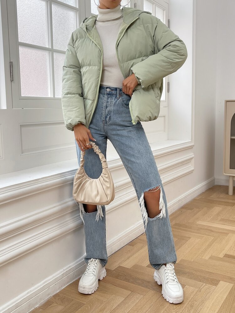 SHEIN EZwear Slant Pockets Hooded Padded Coat - Mint Green - View 4