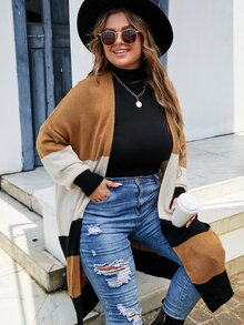 SHEIN LUNE 大碼撞色落肩袖開襟衫