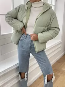 SHEIN EZwear Slant Pockets Hooded Padded Coat - Mint Green - View 5