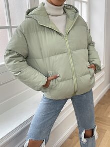 SHEIN EZwear Slant Pockets Hooded Padded Coat - Mint Green - View 6