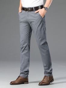 Men Suit Pants Nút Túi Dây kéo màu trơn - Xám - Xem 5
