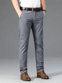 Men Suit Pants Nút Túi Dây kéo màu trơn - Xám - Xem 4