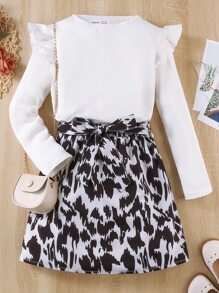 Girls Ruffle Trim Tee & Graphic Print Belted Skirt - Black and White - View 1