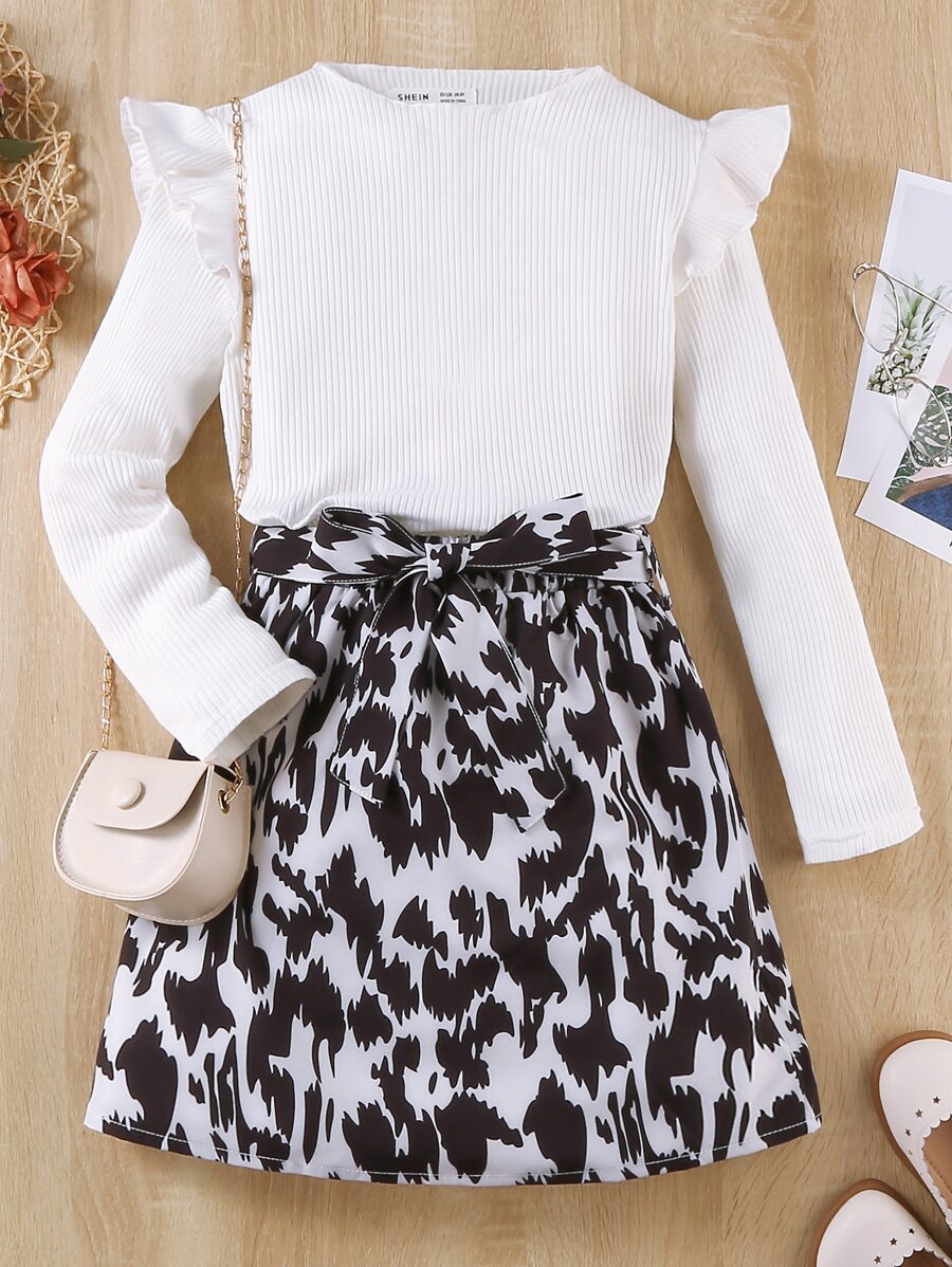 Girls Ruffle Trim Tee & Graphic Print Belted Skirt - Black and White - View 1