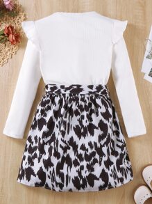 Girls Ruffle Trim Tee & Graphic Print Belted Skirt - Black and White - View 2