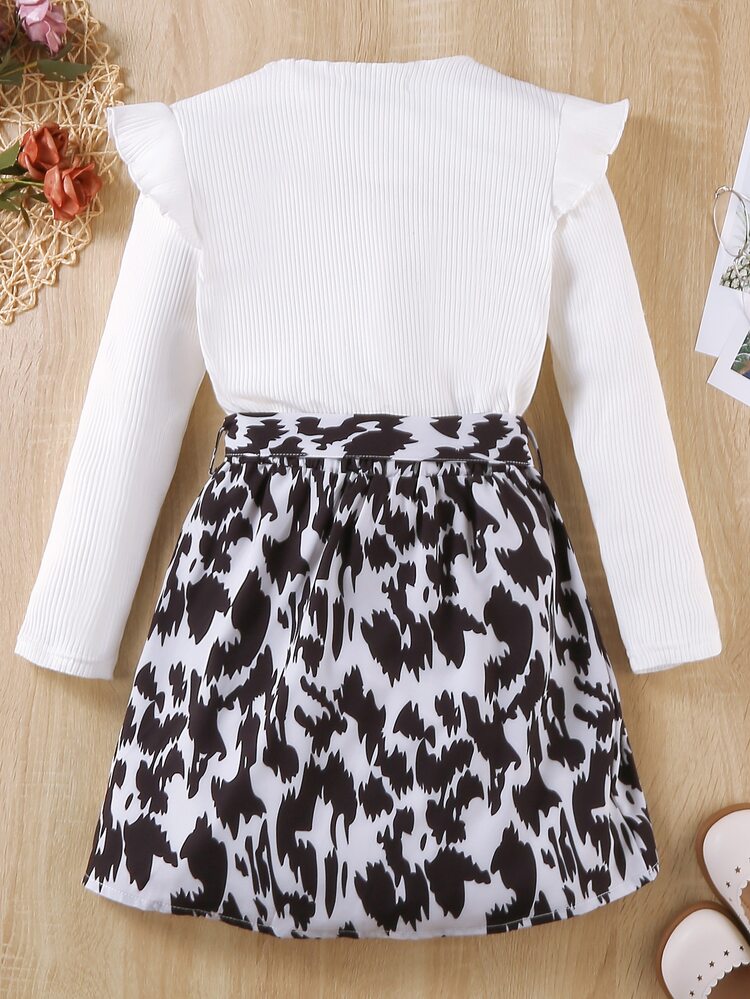 Girls Ruffle Trim Tee & Graphic Print Belted Skirt - Black and White - View 2