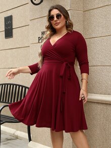 Plus Solid Tie Side Wrap Dress - Burgundy - View 3
