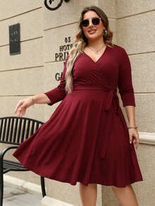 Plus Solid Tie Side Wrap Dress - Burgundy - View 4
