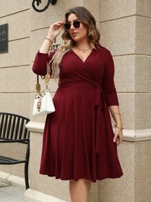 Plus Solid Tie Side Wrap Dress - Burgundy - View 5