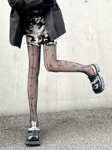 Cross Pattern Fishnet Tights - Black - View 2