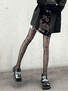 Cross Pattern Fishnet Tights - Black - View 3