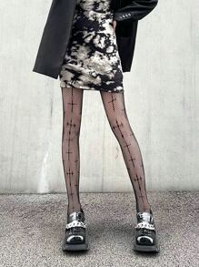 Cross Pattern Fishnet Tights - Black - View 4