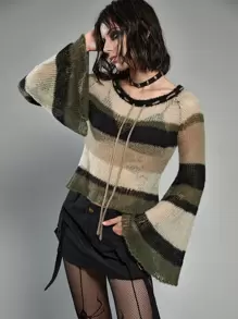 ROMWE Grunge Punk 撞色荷葉袖套頭毛衣 - 彩色 - 查看 1