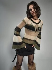 ROMWE Grunge Punk 撞色荷葉袖套頭毛衣 - 彩色 - 查看 3