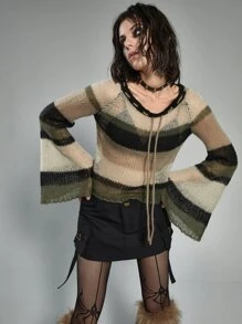 ROMWE Grunge Punk 撞色荷葉袖套頭毛衣 - 彩色 - 查看 4