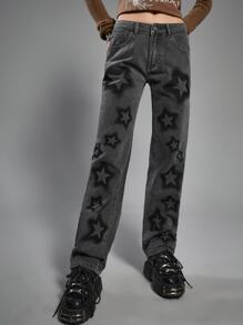 ROMWE Grunge Punk Star Graphic Straight Leg Jeans - Dark Wash - View 1