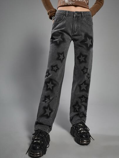 Grunge Punk Jeans a gamba dritta con grafica stella