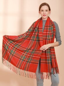 1入組女款保暖冬季格紋針織圍巾,拖鬃和披肩配搭,英式風格,適用於聖誕節裝飾和日常穿著 - 彩色 - 查看 2