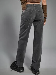 ROMWE Grunge Punk Star Graphic Straight Leg Jeans - Dark Wash - View 2