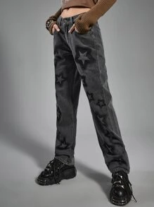 ROMWE Grunge Punk Star Graphic Straight Leg Jeans - Dark Wash - View 3