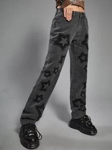 ROMWE Grunge Punk Star Graphic Straight Leg Jeans - Dark Wash - View 5
