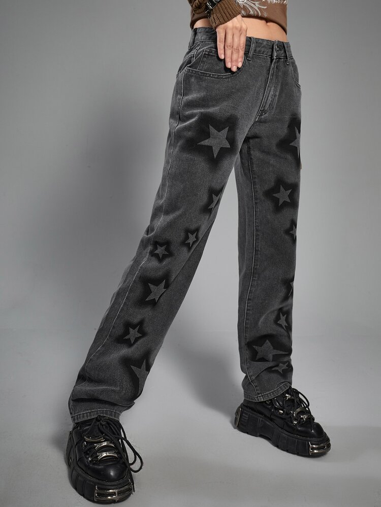 ROMWE Grunge Punk Jeans de pierna recta con estampado de estrella - Azul lavado oscuro - Añade 5