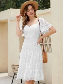 Đầm Dây kéo Viên lá sen màu trơn Thanh lịch - trắng - Xem 3