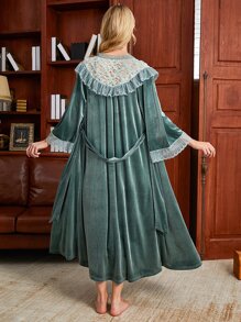 Appliques Lace Panel Ruffle Trim Belted Velvet Sleep Robe & Cami Nightdress - Cadet Blue - View 2