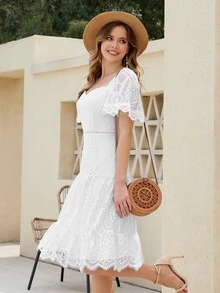 Đầm Dây kéo Viên lá sen màu trơn Thanh lịch - trắng - Xem 6