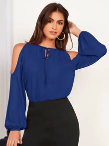 SHEIN Privé Tie Neck Cold Shoulder Lantern Sleeve Blouse - Royal Blue - View 3