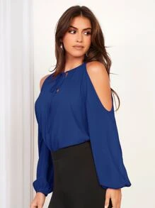 SHEIN Privé Tie Neck Cold Shoulder Lantern Sleeve Blouse - Royal Blue - View 6