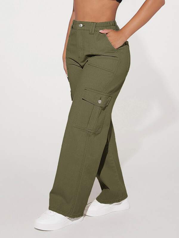 SHEIN PETITE High Waist Flap Pocket Cargo Jeans
