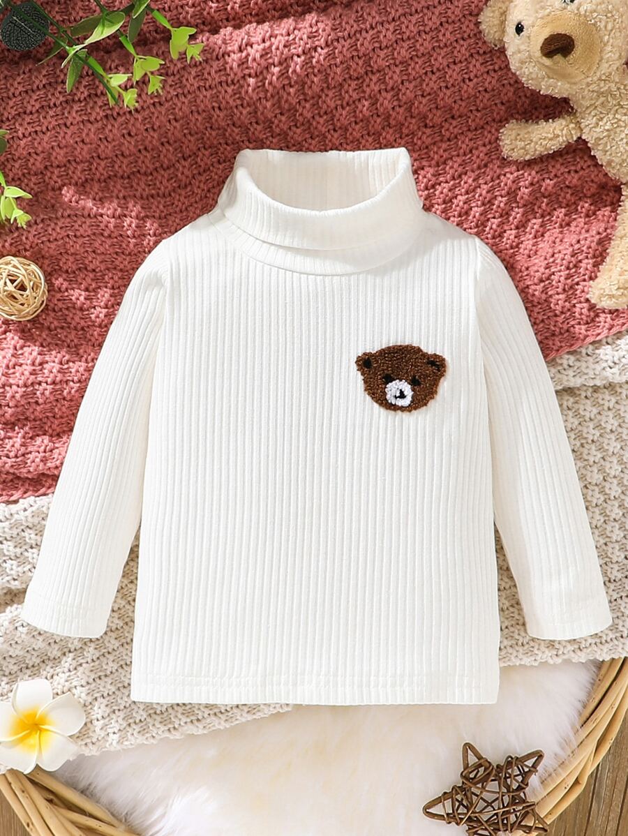 嬰兒熊貼布高領T恤 - 白色 - 查看 1