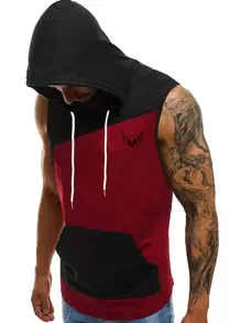 SHEIN Fitness Boyfriend Style Men Kangaroo Pocket Curved Hem Drawstring Hooded Sports Tank Top - Burgundy - View 1