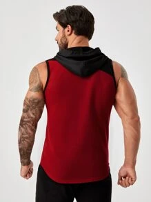SHEIN Fitness Boyfriend Style Men Kangaroo Pocket Curved Hem Drawstring Hooded Sports Tank Top - Burgundy - View 2