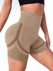 Yoga Basic 豎條紋緊縮褶皺臀部收復運動騎行短褲 - 卡其色 - 查看 3