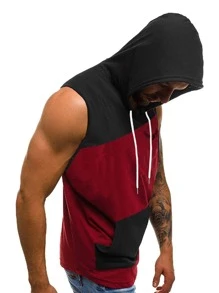 SHEIN Fitness Boyfriend Style Men Kangaroo Pocket Curved Hem Drawstring Hooded Sports Tank Top - Burgundy - View 4