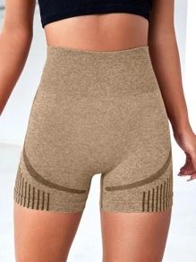 Yoga Basic 豎條紋緊縮褶皺臀部收復運動騎行短褲 - 卡其色 - 查看 4