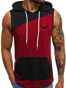 SHEIN Fitness Boyfriend Style Men Kangaroo Pocket Curved Hem Drawstring Hooded Sports Tank Top - Burgundy - View 5