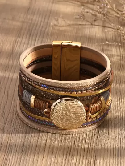 1pc Wide Pu Leather Bracelet With Magnet Buckle & Random Colorful Cubic Zirconia