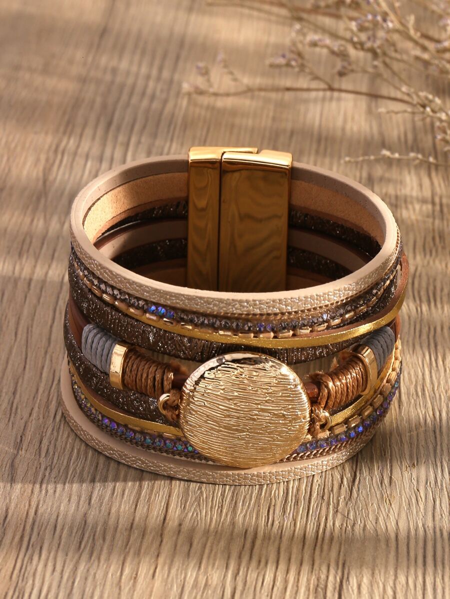 1 Peça Ampla Couro Do Plutônio Bracelete Com Magnético Fivela & Aleatória Colorida Zircônia Cúbica