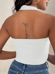 INAWLY Áo hai dây Gân đan màu trơn Giải trí - trắng - Xem 2