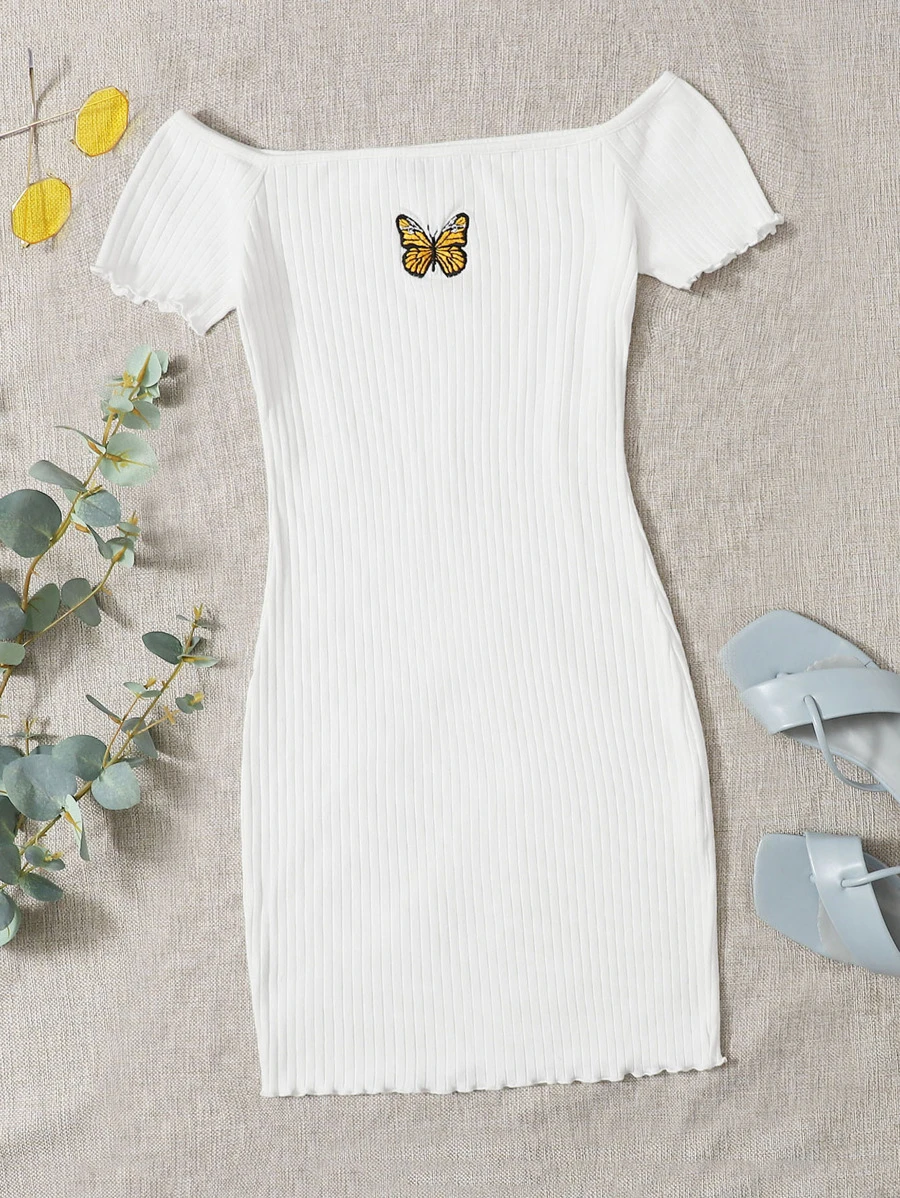 Muchica Embroidered Butterfly Graphic Ribbed Dress - White - View 1