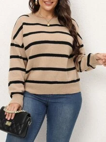 Calvaya 加大码条纹图案落肩针织套头衫，适合秋冬季节穿着。 - 卡其色 - 查看 1
