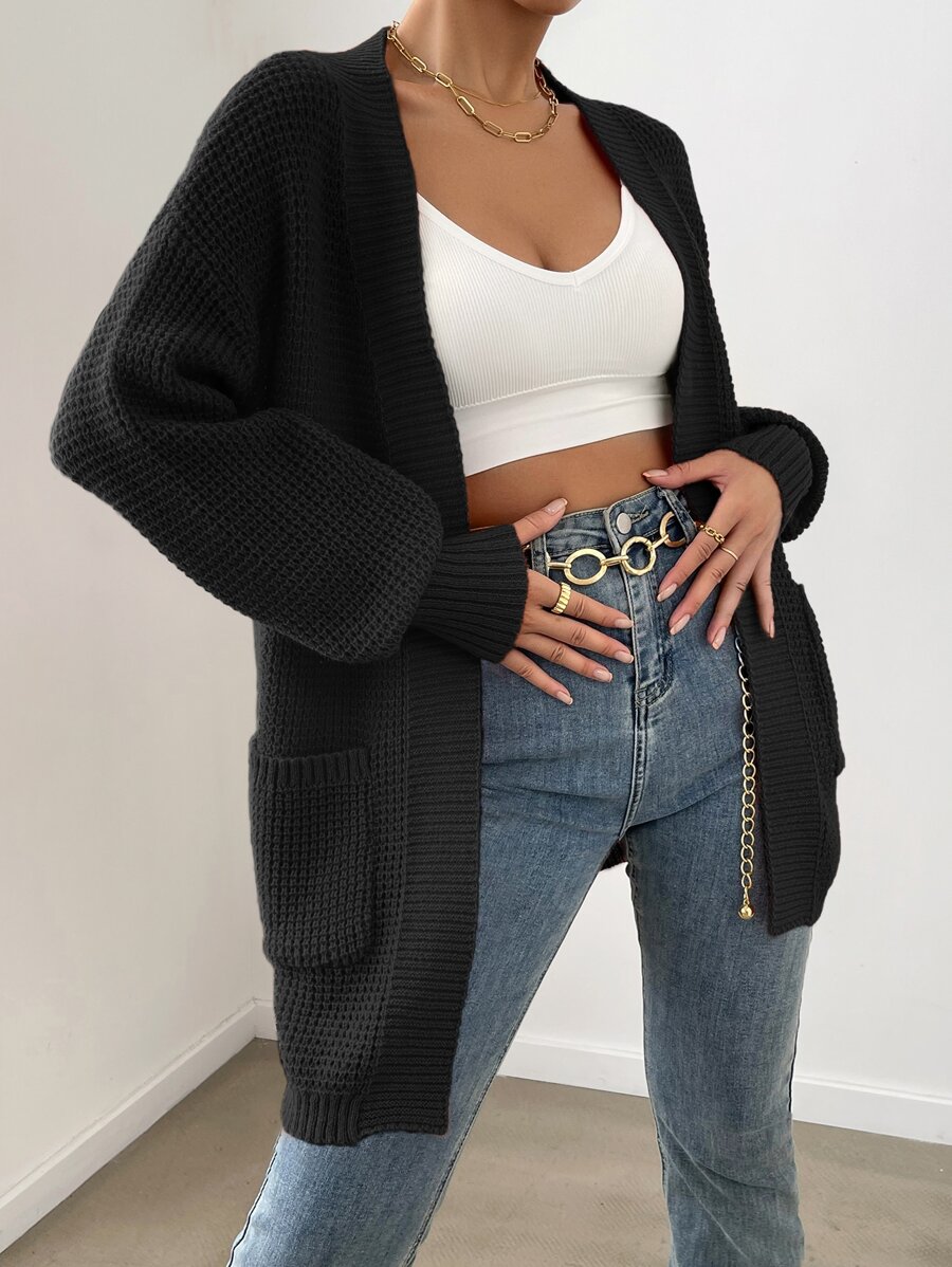 SHEIN Essnce Dual Pocket Drop Shoulder Cardigan - Black - View 1