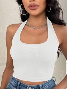 INAWLY Áo hai dây Gân đan màu trơn Giải trí - trắng - Xem 4