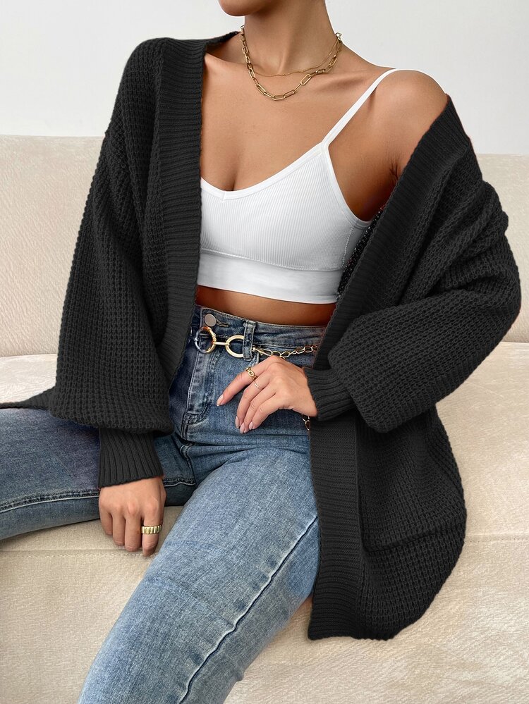 SHEIN Essnce Dual Pocket Drop Shoulder Cardigan - Black - View 3