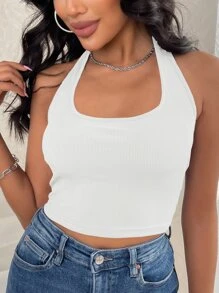 INAWLY Áo hai dây Gân đan màu trơn Giải trí - trắng - Xem 5