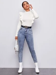 SHEIN Privé T-shirt Tombol Plain Anggun - Putih - View 5